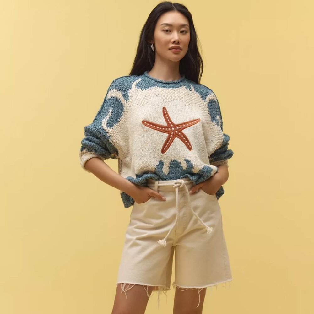Anthropologie Pilcro Pullover Long-Sleeve Crew-Neck Icon Sweater Starfish S NWT - Picture 4 of 6